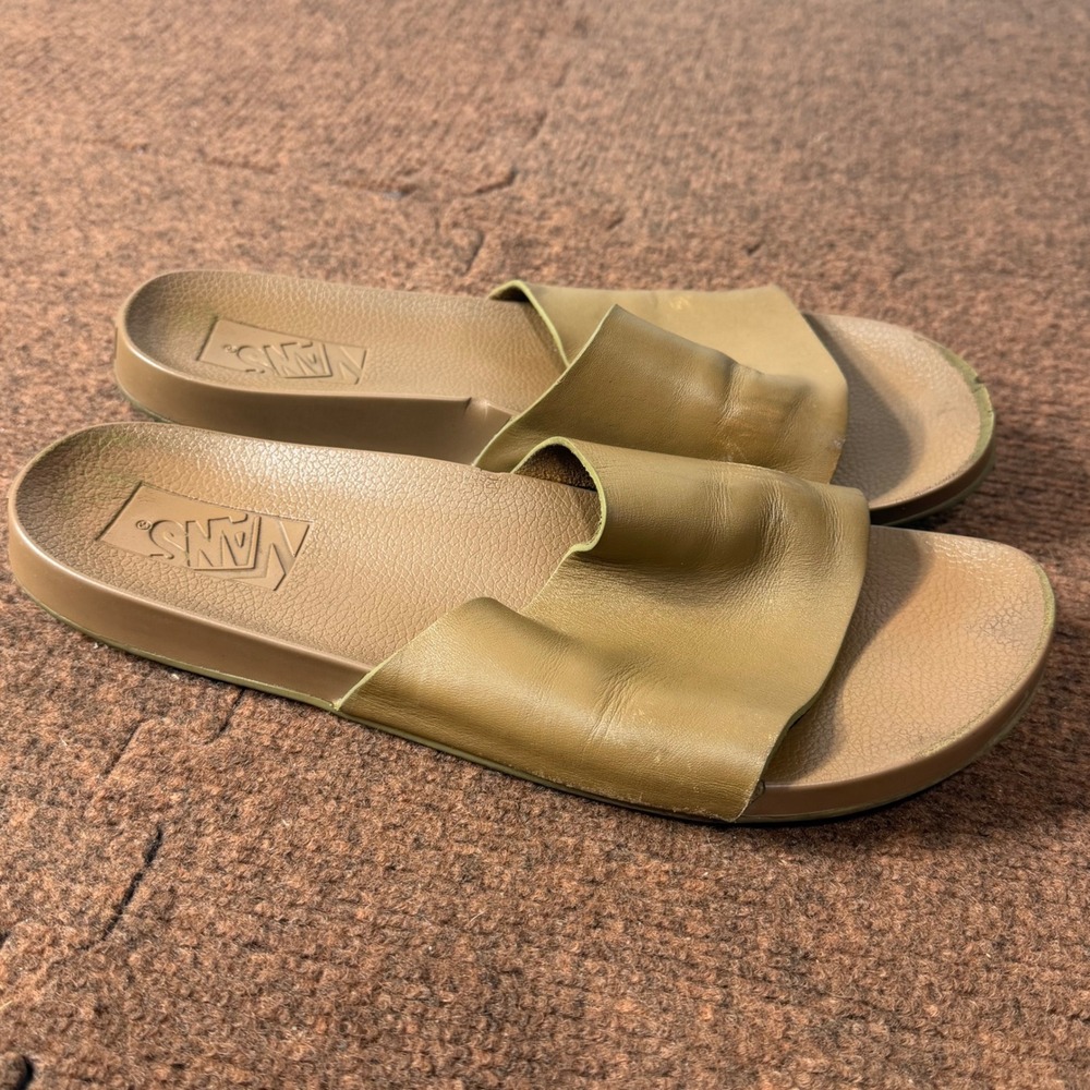 B+ shoe Vans La Costa Slide-On Tan Olive Leather Strap‎ Sandals Womens 10 721454